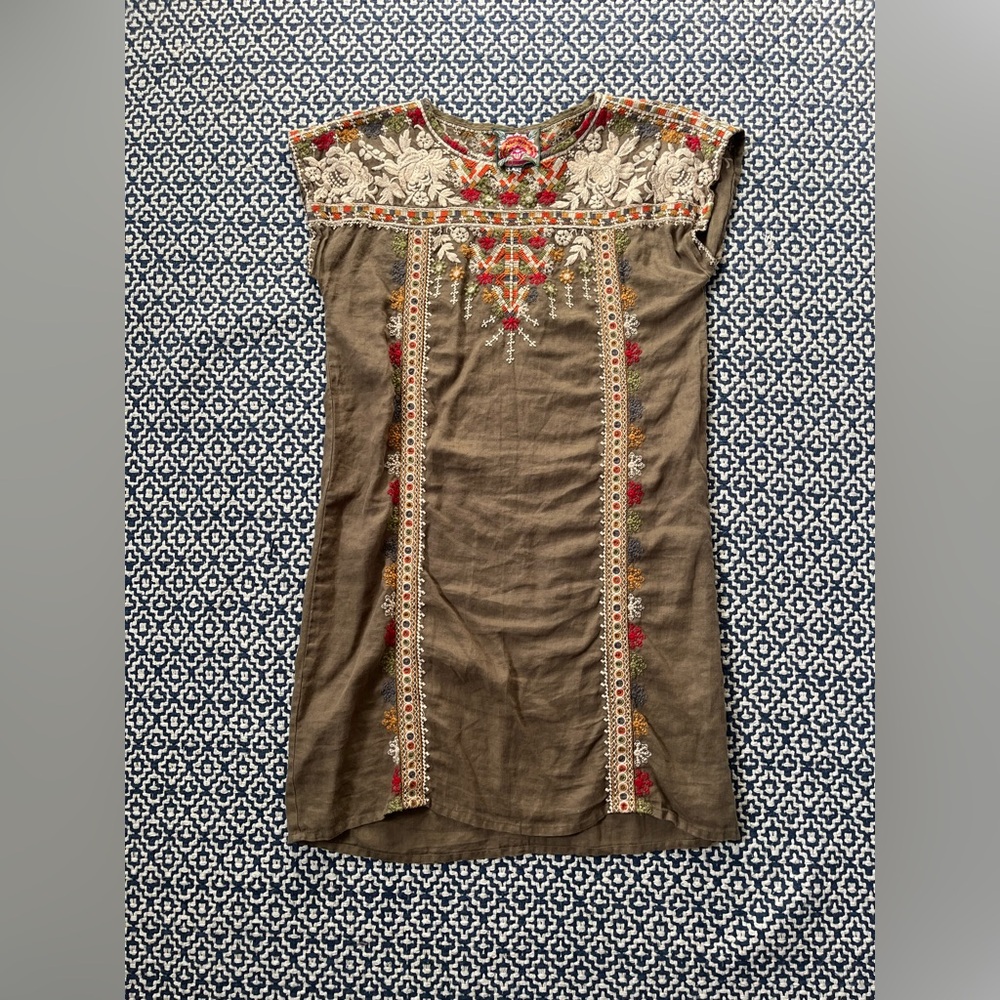 Johnny Was Linen Olive Green Embroidered Dress